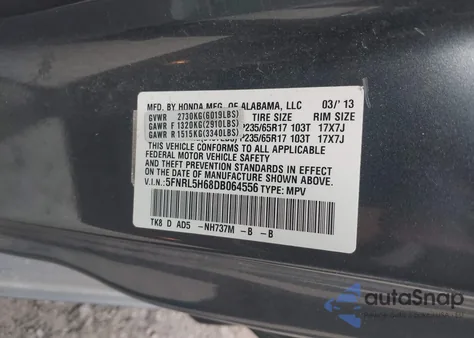 2013 Honda Odyssey Ex-L z USA, uszkodzony, nr VIN 5FNRL5H68DB064556